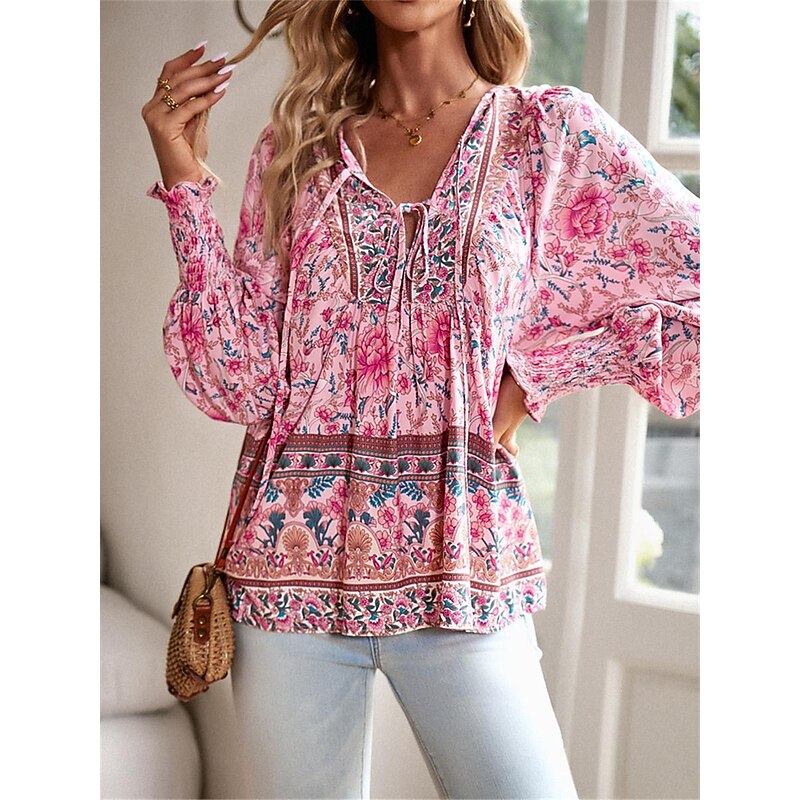 Women's Shirt Blouse Casual Boho Floral Lace up Print Long Sleeve Regular Tops V Neck Vacation Beach Pink Navy Blue Blue Orange Summer3