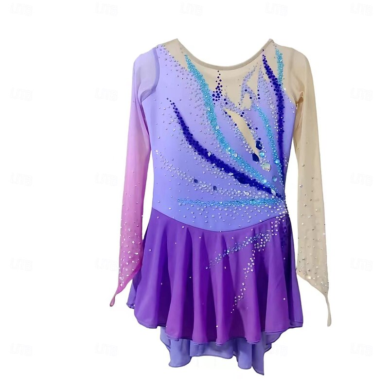 Figure Skating Dress Women's Girls' Ice Skating Dress Purple Thumbhole Halo Dyeing Mesh Spandex Stretchy Training Practice Professional Skating Wear Thermal Warm Classic Crystal / Rhinestone Long