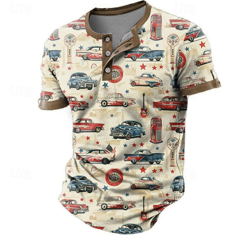 Carefree Interlude X Joshua Jo Men's Vintage Car 3D Printed Vacation Short Sleeve Button Henley Shirt Tee4