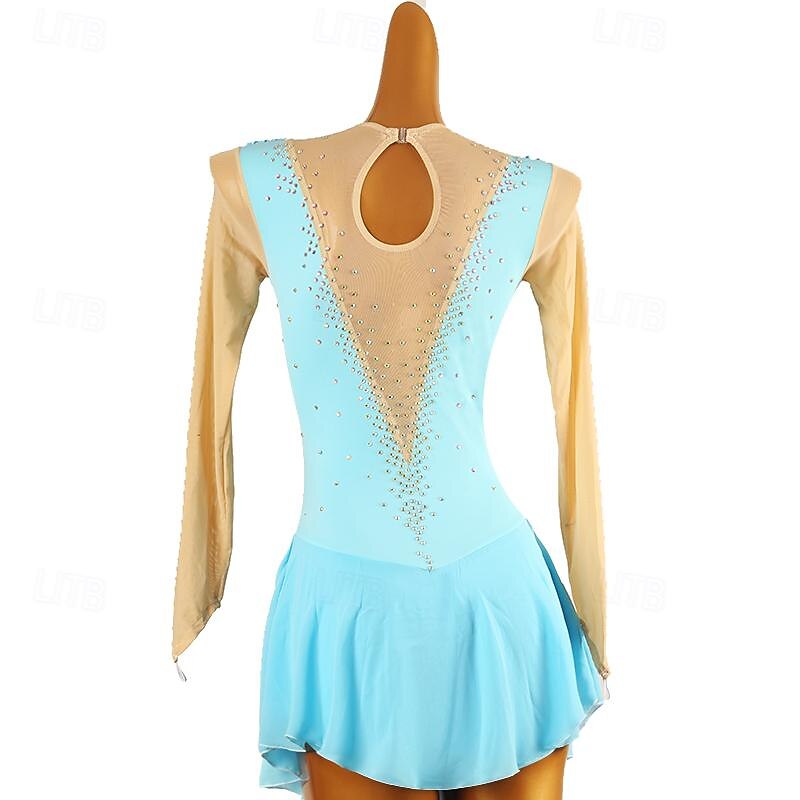 Figure Skating Dress Women's Girls' Ice Skating Dress Lake Blue Patchwork Open Back Mesh High Elasticity Training Competition Skating Wear Classic Crystal / Rhinestone Long Sleeve Ice Skating Figure4