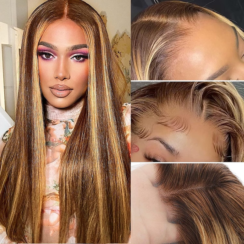 P4/27 Highlight Wigs Pre Plucked Highlight Ombre Lace Front Wig Human Hair Omber P4/27 Hair Wig with Natural Hairline 13X4 HD Transparent Straight Lace Frontal Wigs For Women Brazilian Remy Hair Wig