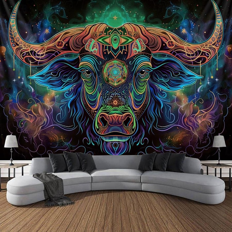 Blacklight Tapestry UV Reactive Glow in the Dark Glow Party Neon Bull Animal Psychedelic Trippy Misty Hanging Tapestry Wall Art Mural for Living Room Bedroom