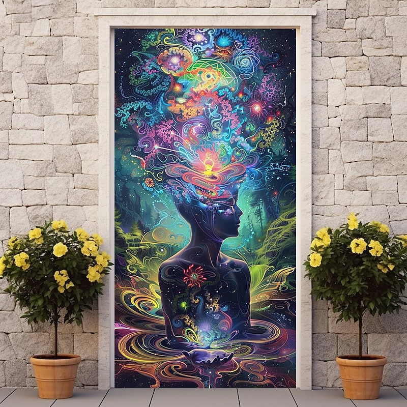Psychedelic Trippy Door Covers Mural Decor Door Tapestry Door Curtain Decoration Backdrop Door Banner Removable for Front Door Indoor Outdoor Home Room Decoration Farmhouse Decor Supplies3