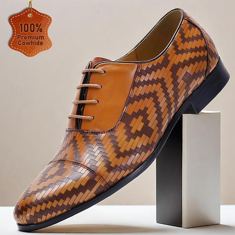 Men's Dress Shoes Brown Herringbone Pattern Italian Leather Slip Resistant Lace-up