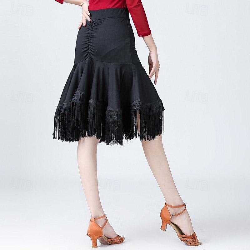 Latin Dance Ballroom Dance Skirts Tassel Pure Color Splicing Women's Performance Training High Elastane3