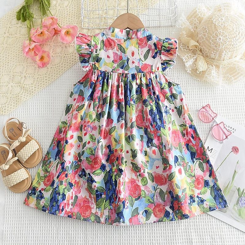 Young Girl Stand Collar Flying Sleeve Floral Print A-Line Dress For Summer2