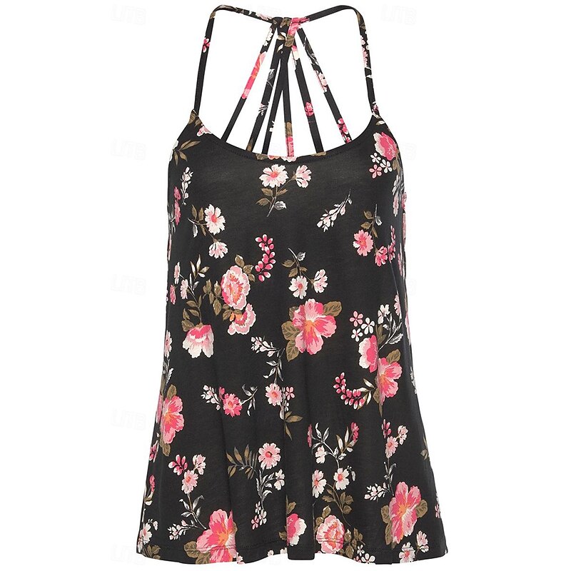 Women's Camisole Tank Top Casual Floral Print Sleeveless Regular Tops U Neck Vacation Black Summer3
