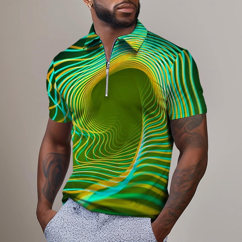 Men's Graphic Neon Zip Polo Shirts Golf Shirt Short Sleeve Polo Shirts Collared Shirts Casual Vacation Wear Rave Wear Party Outfits 3D Print Quarter Zip Polo Summer Spring Black Blue Purple4