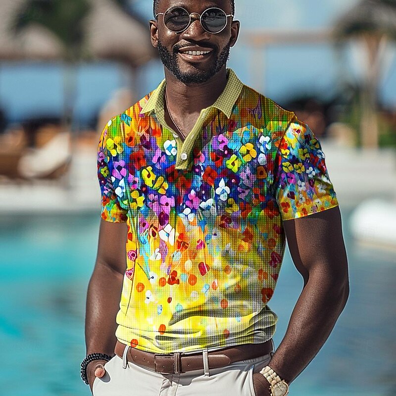Kentucky Derby Men's Golf Shirt Short Sleeve Polo Shirts Collared Shirts Casual Beach Wear Vacation Wear Tropical Wear Party Outfits Buttons 3D Print Summer Spring Yellow Blue