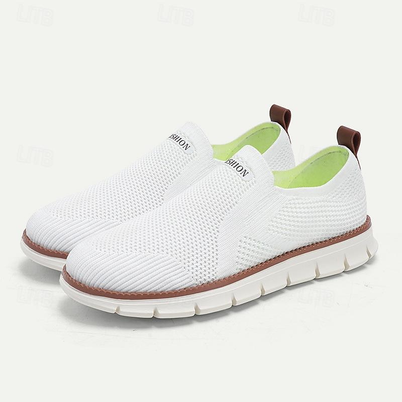 Men's White Slip-On Breathable Knit Sneakers with Lightweight Sole - Casual Walking Shoes for Summer and Everyday Wear3