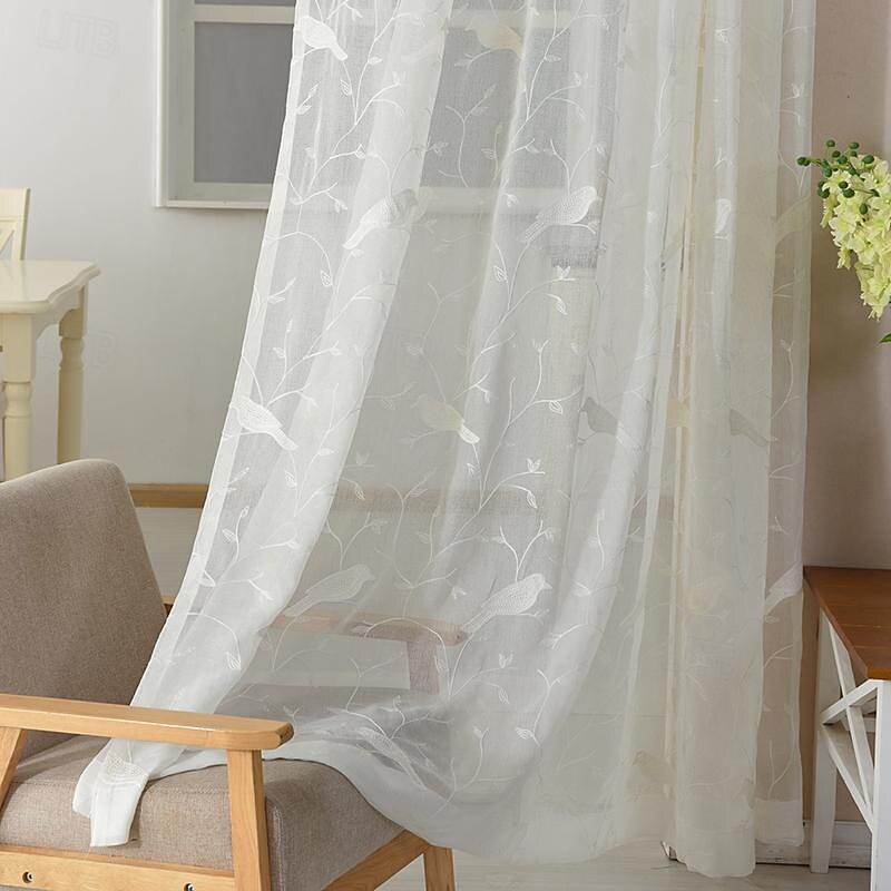 One Panel Minimalist Style Bird Embroidered Gauze Curtain Living Room Bedroom Dining Room Semi Transparent Window Screen