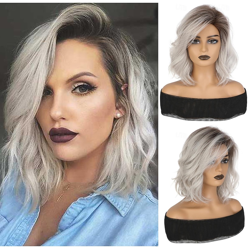 Curly Wavy Short Bob Wig With Bangs For Girls Women Daily Use Shoulder Length Side Part Synthetic Hair Replacement Wigs Natural Looking 12 inch