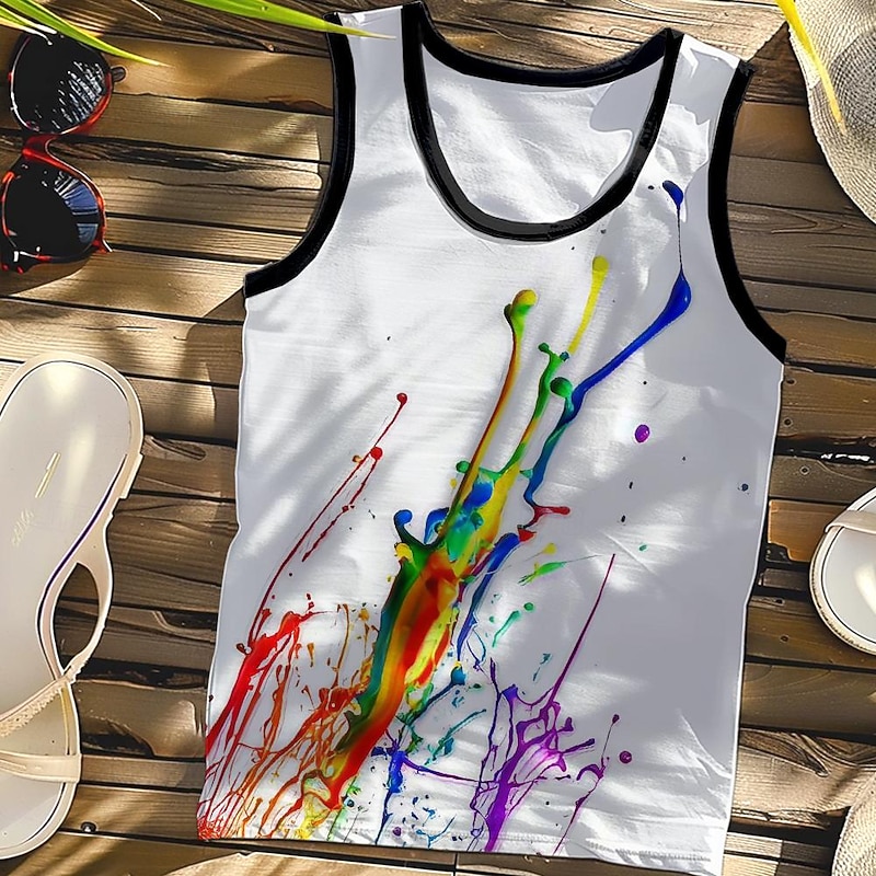 Men's Splash Ink Tank Top Vest Top Sleeveless T Shirt for Men Sleeveless T shirt 3D Print Crew Neck Shirt Sports Fashion Daily Sports Outdoor Casual Gym White Blue Summer Spring Clothing Apparel S M