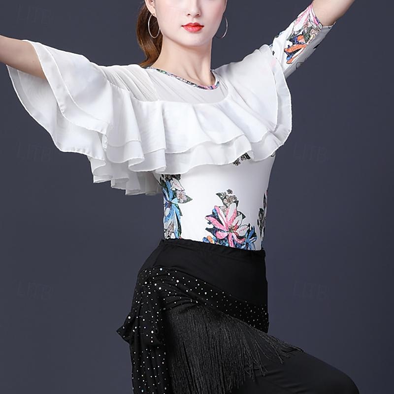 Latin Dance Ballroom Dance Top Printing Ruffles Splicing Women's Performance Training Half Sleeve High Terylene2