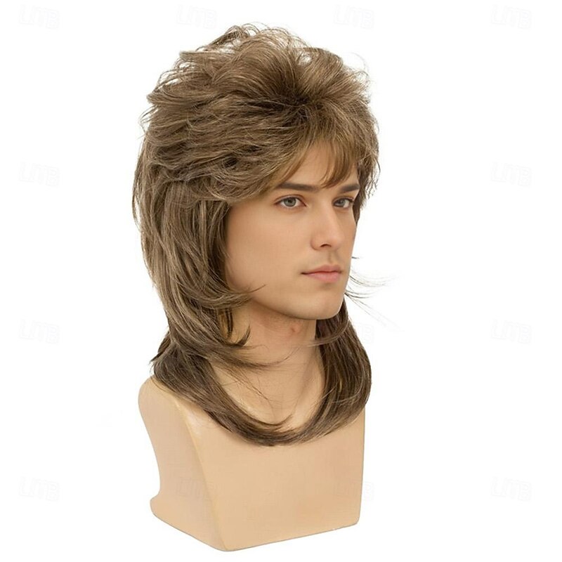 Sallcks Mens Mullet Wigs Brown Curly 70s 80s Retro Cosplay Costume Wig Rocker Disco Fancy Show Wigs - Light Brown Halloween Wigs3