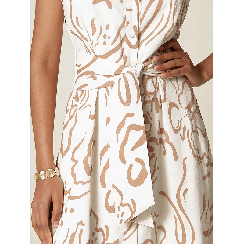 Women's Sleeveless Maxi Shirt Dress Summer A Line Shirt Collar With Belt Curve Pocket Linen Look Fabric Waist Slim Fit Blue Green Beige2