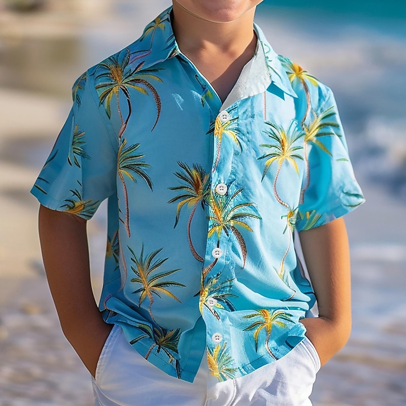 Boys 3D Graphic Leaf Tree Shirts Blue Short Sleeve 3D Print Summer Vacation Tropical Daily Kids 3-12 Years Lapel Outdoor Casual Daily Tailored Fit4