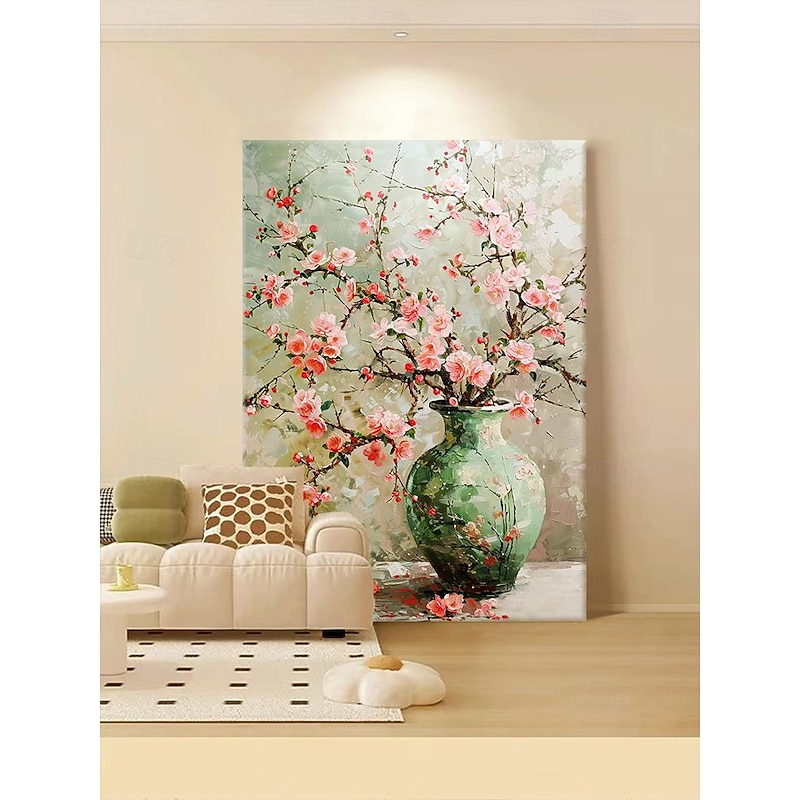 Pure Hand-painted Oil Painting Peach Blossom Floor-standing Sofa Background Wall Decoration Painting Plant Flowers High-end Porch Painting (No Frame)2