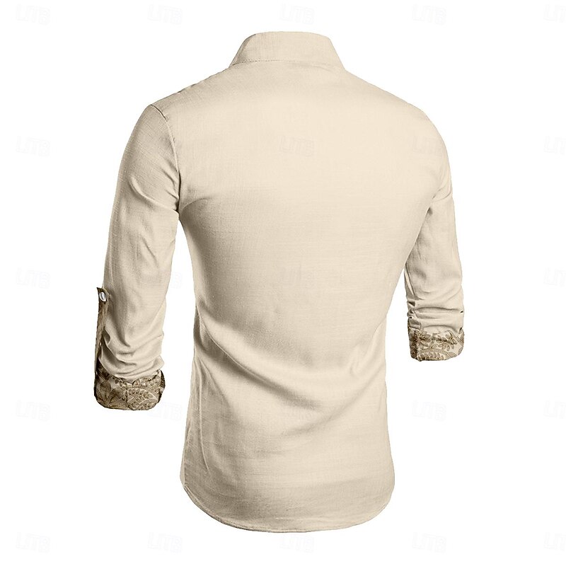Men's Shirt Button Up Shirt Henley Shirt Long Sleeve Vintage Casual Tribal Vacation Daily Wear Summer Winter Spring &  Fall Mandarin Collar Band Collar Buttons Print off-white2