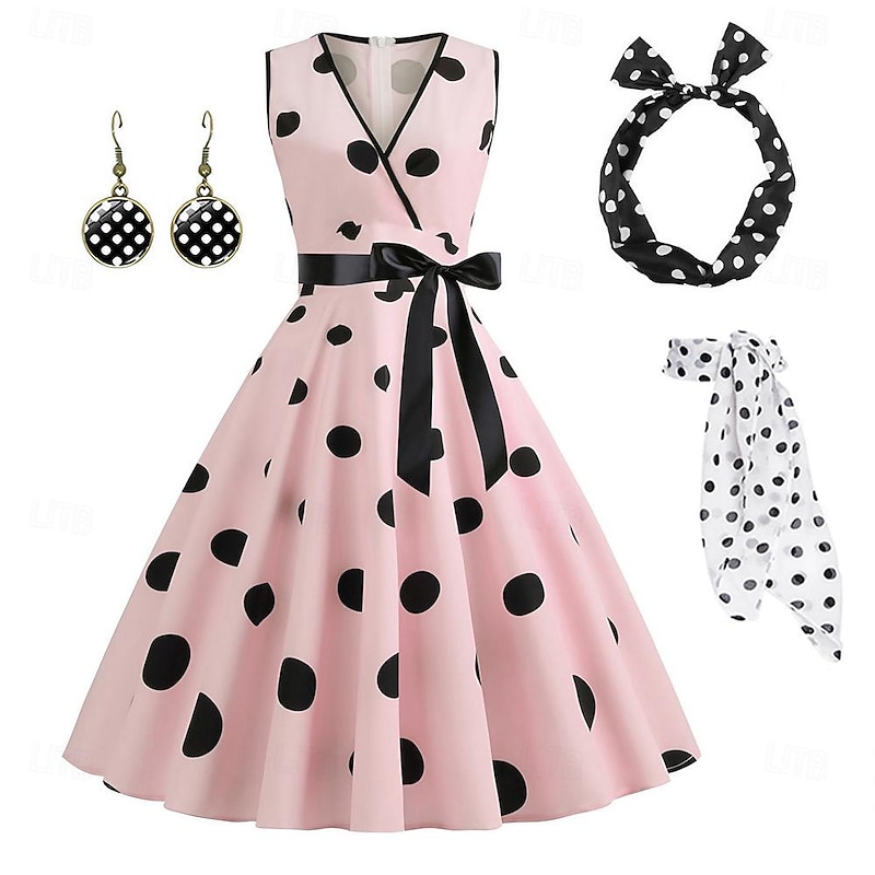 Women's A-Line Rockabilly Dress Polka Dots Swing Dress Flare Dress with Accessories Set 1950s Grease Outfits 60s Retro Vintage with Headband Chiffon Scarf Earrings