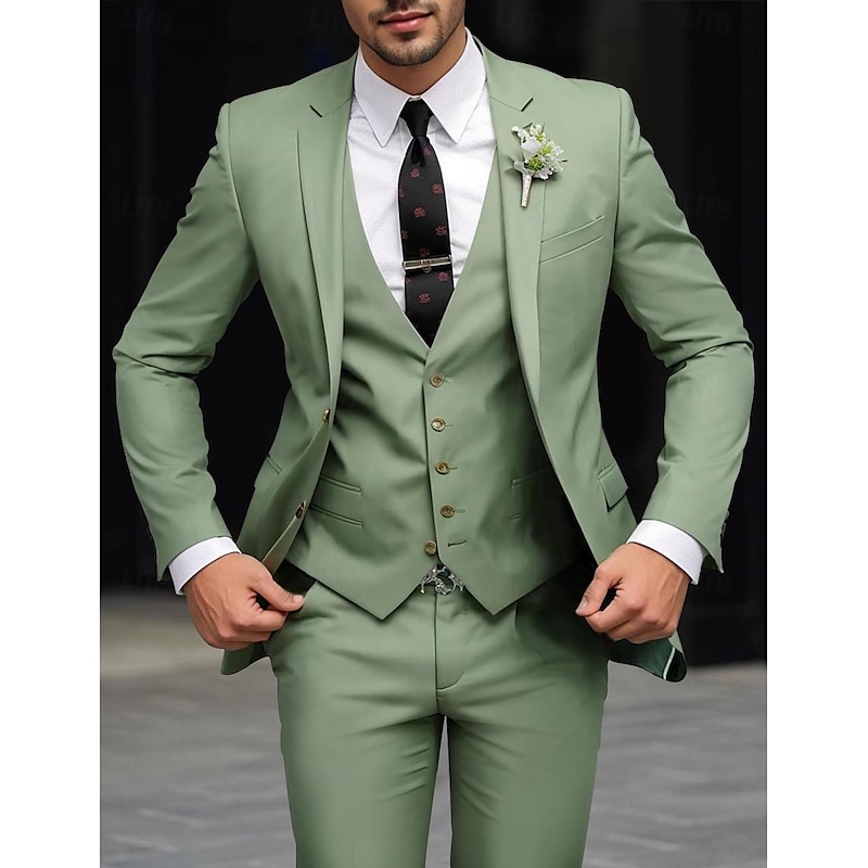 Men's Wedding Fall Wedding Suits Notch Notch Lapel Sage Dark Green Party Dress Solid Colored Tailored Fit 3 Piece Single Breasted Two-buttons