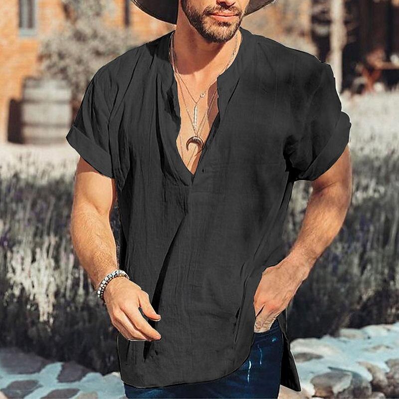 Men's Shirt Linen Shirt Casual Shirt Beach Shirt Plain Vacation Street Black White Gray Short Sleeve Band Collar Summer Clothing Apparel Button-Down2