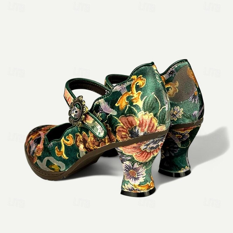 Women's Vintage Floral Mary Jane Heels – Premium Cowhide Leather Block Heel Shoes for Retro Style and Casual Wear2