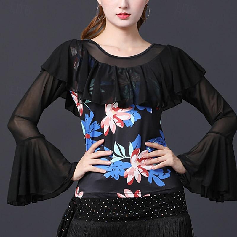 Latin Dance Ballroom Dance Top Printing Ruffles Splicing Women's Performance Training Long Sleeve High Polyester4