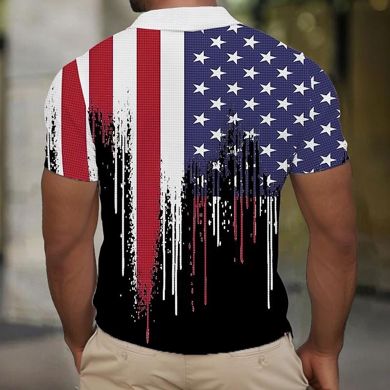 American Independence Day Men's American Flag Veterans Golf Shirt Short Sleeve Polo Shirts Collared Shirts Casual Streetwear Vacation Wear Party Outfits Buttons 3D Print Summer Spring Black2