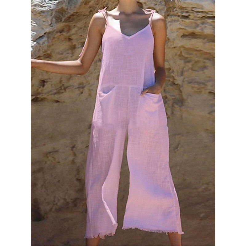 Women's Normal Overall Streetwear Solid Color Sleeveless V Neck Pocket Street Daily Regular Fit White Pink Orange Summer3