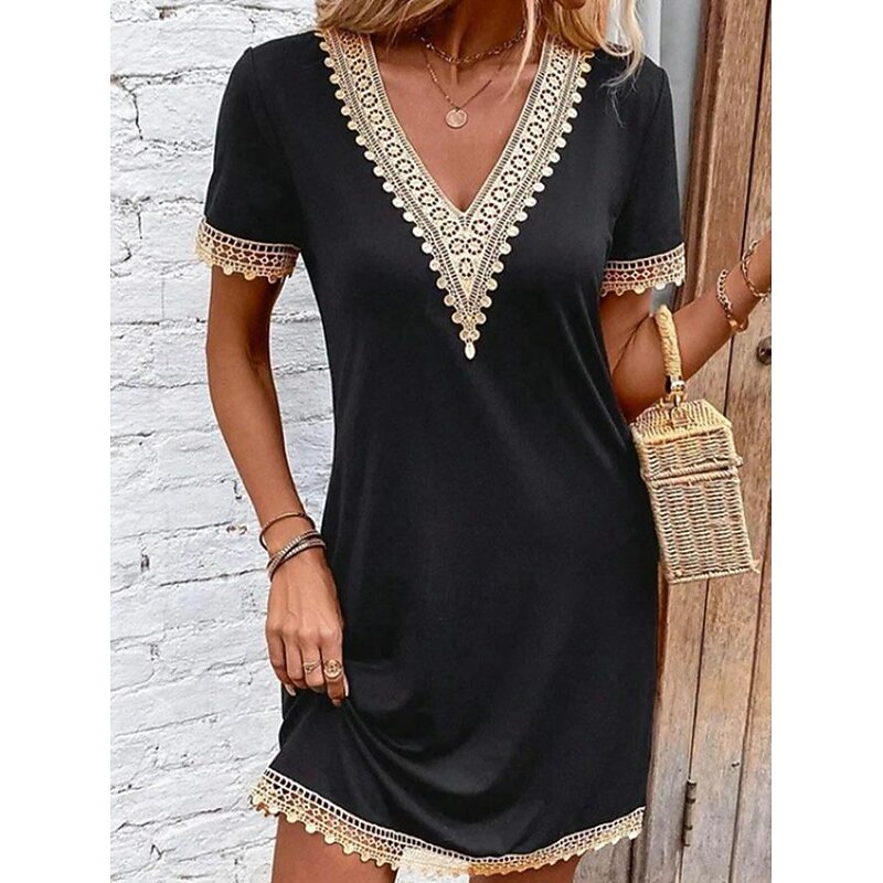 Women's Casual Dress V-neck Short Sleeve Crochet Lace Trim Solid Black Knee-length Versatile Summer Fashion Comfortable Fit Various Sizes3