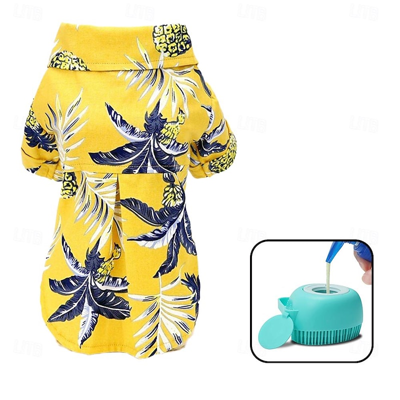 Dog Hawaiian Shirt 2 Pieces Puppy Clothes with Dog Bath Brush  for Small Medium Large Dogs Boy Breathable Coconut Tree Dog T-Shirt