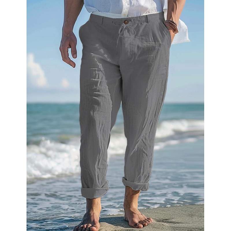 Men's Linen Pants Trousers Summer Pants Beach Pants Front Pocket Straight Leg Plain Comfort Breathable Casual Daily Holiday Fashion Basic White Sky Blue 6