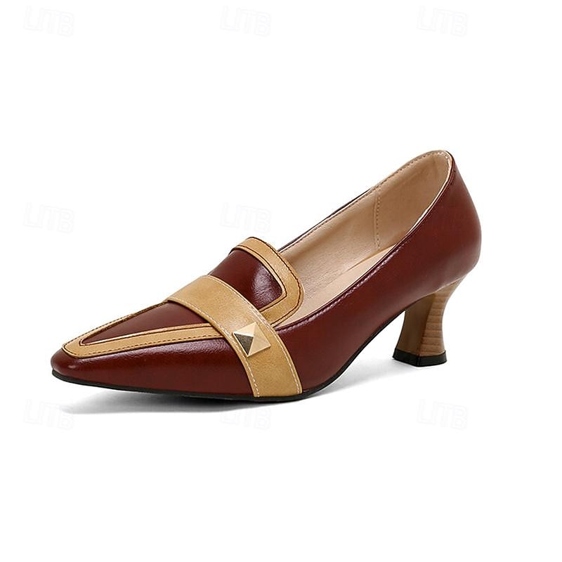 Women's Vintage Mid Heel Loafers – Brown Pointed Toe Slip-On Pumps with Contrast Strap – Elegant Office & Casual Dress Shoes2