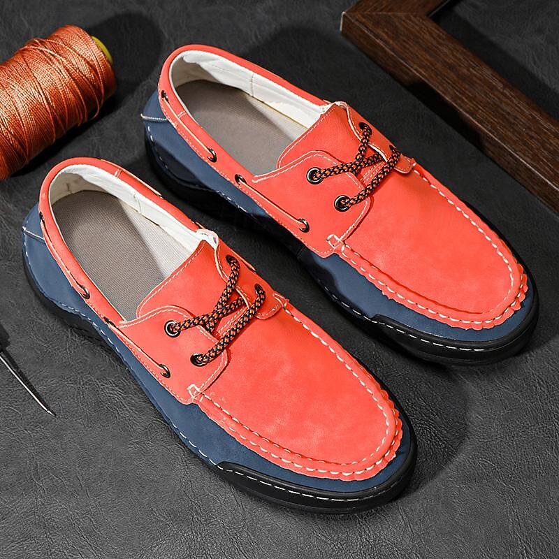 Men's Casual Orange and Navy Leather Boat Shoes with Lace-Up Design and Hand-Stitched Detailing – Comfortable and Stylish for Outdoor and Everyday Wear2