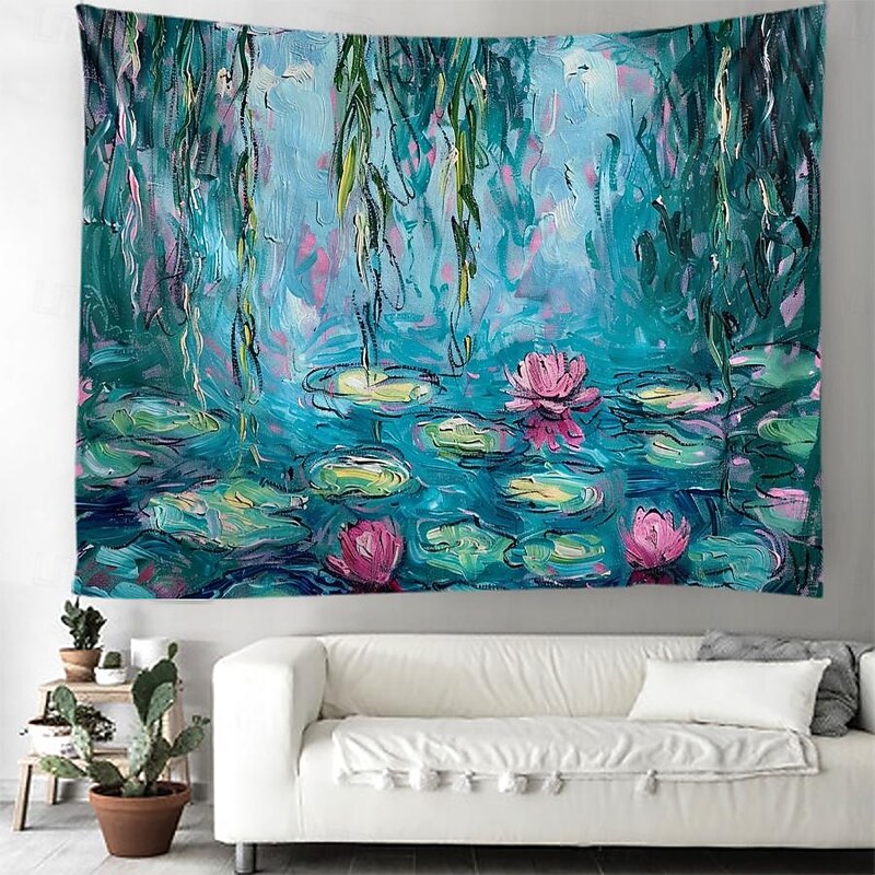 Oil Painting Lotus Hanging Tapestry Wall Art Large Tapestry Mural Decor Photograph Backdrop Blanket Curtain Home Bedroom Living Room Decoration 9