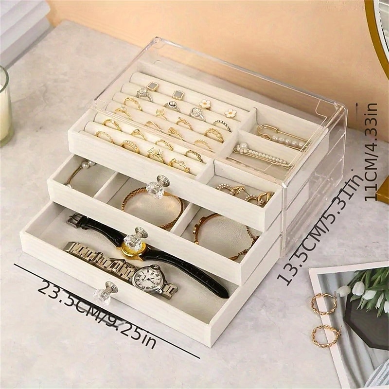 Three-Layer Transparent Acrylic Jewelry Storage Box: Multi-functional Display Cabinet for Rings, Necklaces, Bracelets, Ideal for Desktop Jewelry Storage and Display3