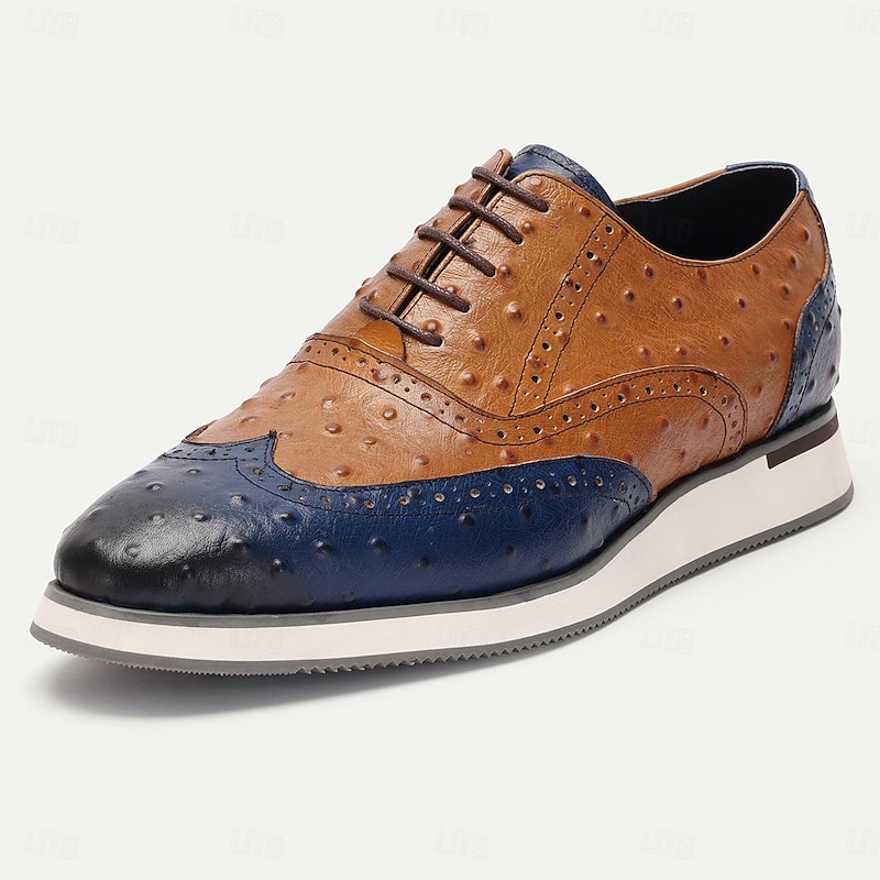 Men's Dress Sneakers Leather Italian Full-Grain Cowhide Slip Resistant Lace-up Brown / Blue Color Block2