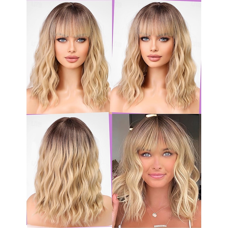 Short Blonde Bob Wigs for Women,Synthetic Wavy Curly Hair Wig with Bangs for Daily 12 inch Auburn Burgundy Blonde Black Light Blonde Wigs3