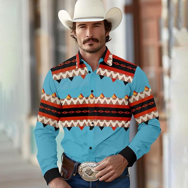 Men's Aztec Shirt Western Shirt Cowboy Shirt Long Sleeve Western Style Tribal Shirt Collar Blue