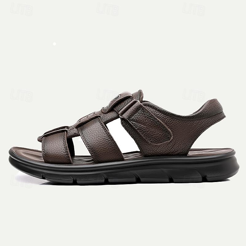Men's Sandals Sporty Sandals Casual Italian Full-Grain Cowhide Breathable Comfortable Slip Resistant Magic Tape Loafer Black Coffee4
