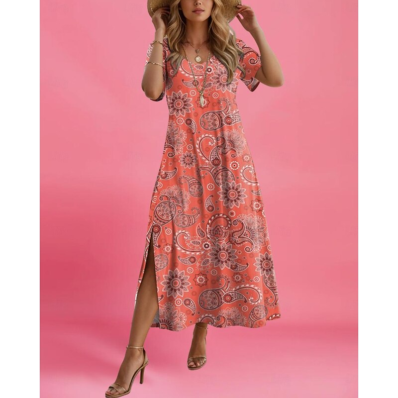 Women's Maxi Dress Paisley Dress Casual Dress Maxi Dress Sundress Ethnic Tribal Vacation Street Holiday Regular Fit Paisley Short Sleeve Crew Neck Red Blue Purple Orange Summer3