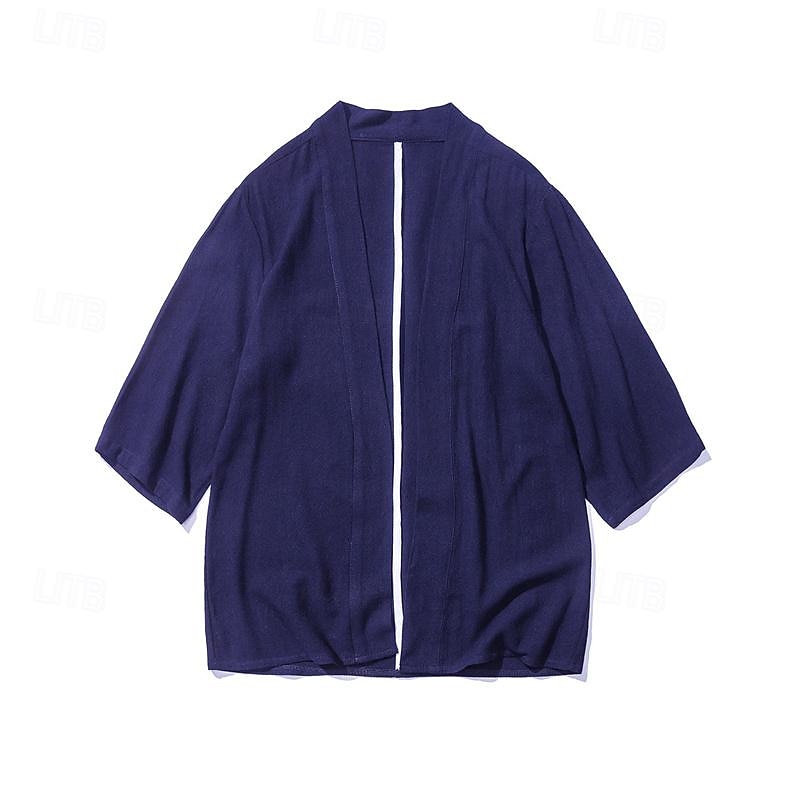 Men's Shirt Cotton Linen Shirt Casual Shirt Plain Casual Daily Wine Dark Grey Army Green Dark Blue 3/4 Length Sleeve Stand Collar Summer Clothing Apparel4