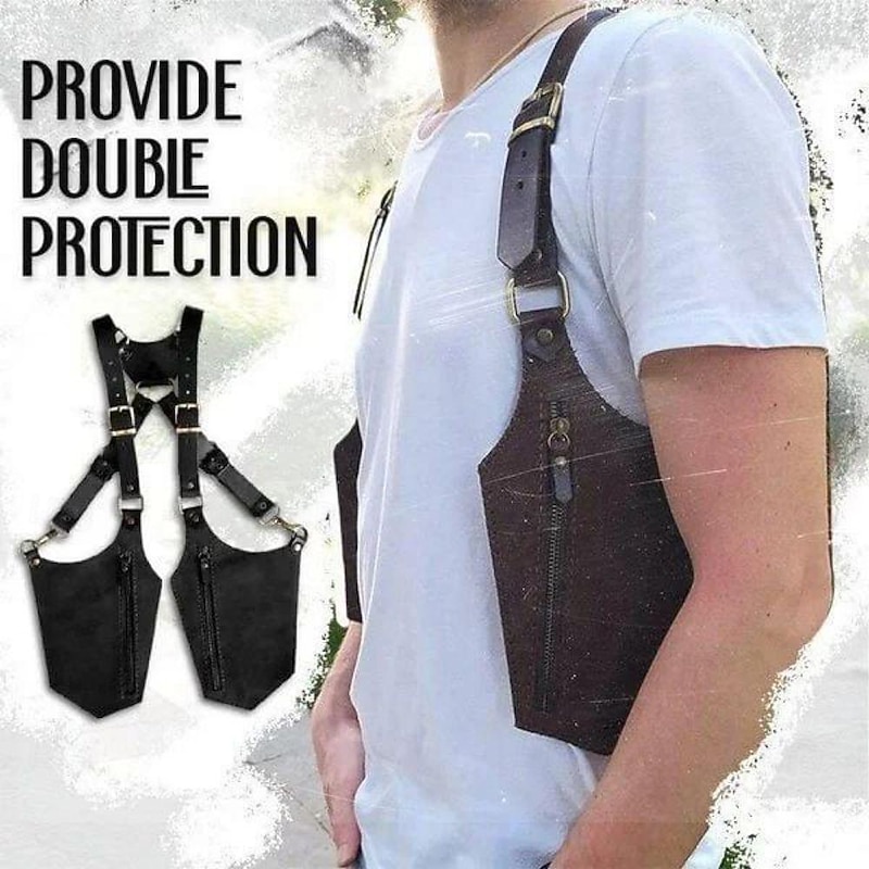 Double Shoulder Armpit Bag,Vintage Leather Men's Suspenders Shoulder Bag Outdoor Crossbody Phone Bag with Adjustable Zippered Pouch, Universally Compatible Wallet for Both Sides