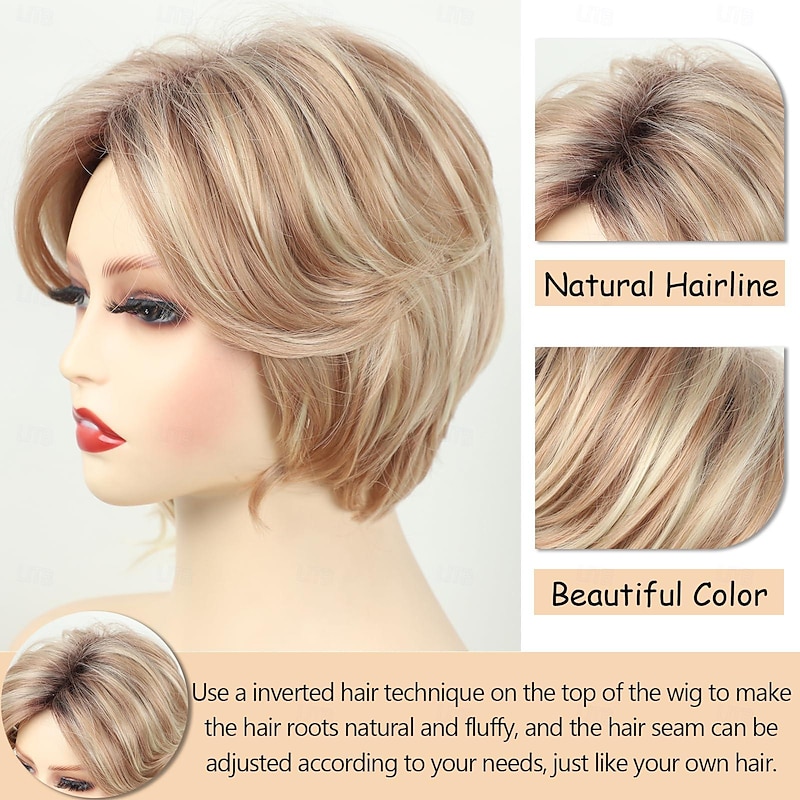 Short Ombre Blonde Wavy Bob Wigs for White Women Chin Length Blonde Highlight Bob Wig with Brown Roots Natural Looking Synthetic Daily Party Wig3