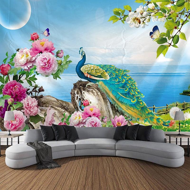 Animal Peacock Leaf Hanging Tapestry Wall Art Large Tapestry Mural Decor Photograph Backdrop Blanket Curtain Home Bedroom Living Room Decoration4