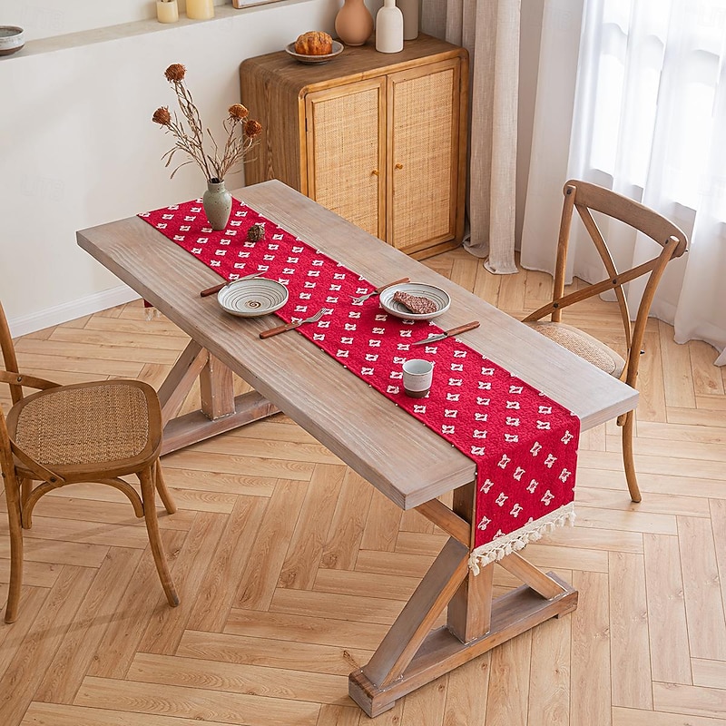 Table Runner with Tassels Spring Star Applique Vintage French Country Farmhouse Double-layer Polyester3