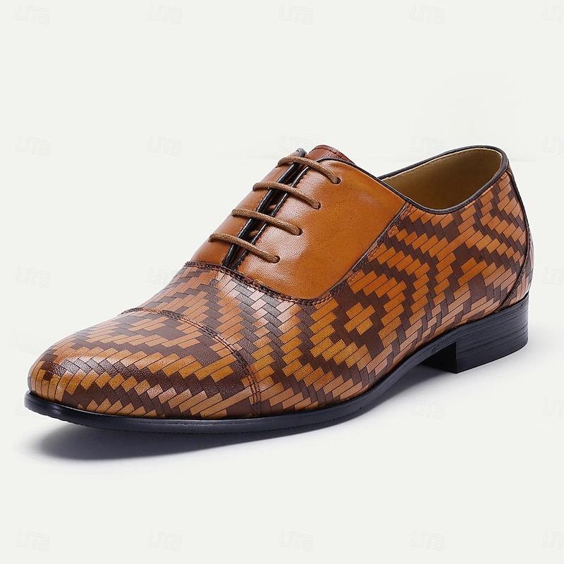 Men's Dress Shoes Brown Herringbone Pattern Italian Leather Slip Resistant Lace-up2