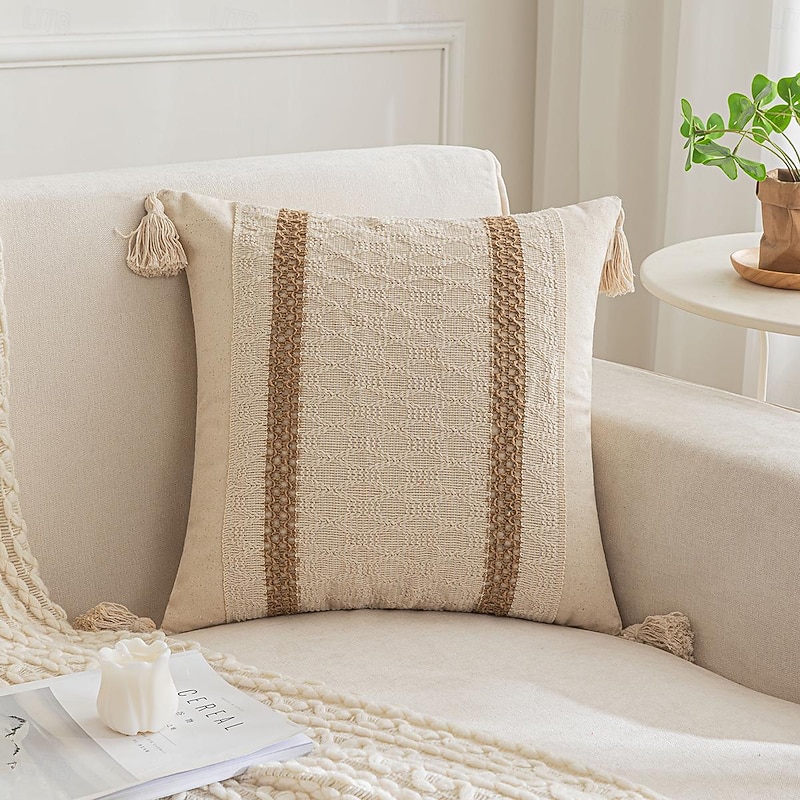 Throw Pillow Covers with Tassels for Farmhouse Living Room, Cotton & Burlap Textured Striped Woven Boho Pillow Covers (Beige & Brown, Single Striped)4