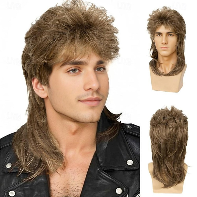 Sallcks Mens Mullet Wigs Brown Curly 70s 80s Retro Cosplay Costume Wig Rocker Disco Fancy Show Wigs - Light Brown Halloween Wigs